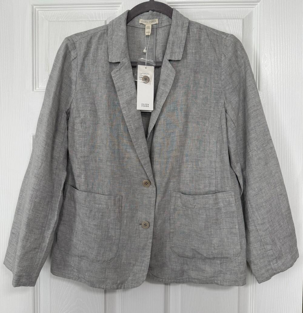 Eileen Fisher Lightweight Organic Linen Sparkle Pearl Shaped Blazer Size Small